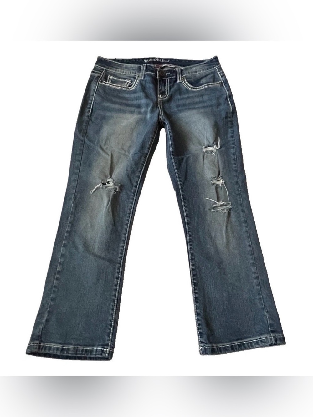 Maurices Original Mid Rise Destructed Stretch Cropped Blue Jeans Womens Size 7/8